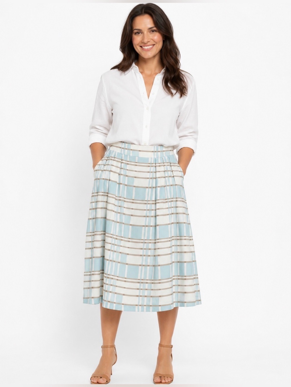 Pendleton Woolen Mills Pleated Skirt Silk Blend Checked Pattern Blue/Tan Size 12